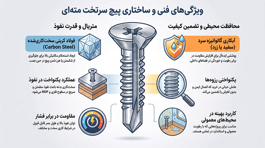 جنس، متریال و کیفیت ساخت پیچ سرتخت متهای